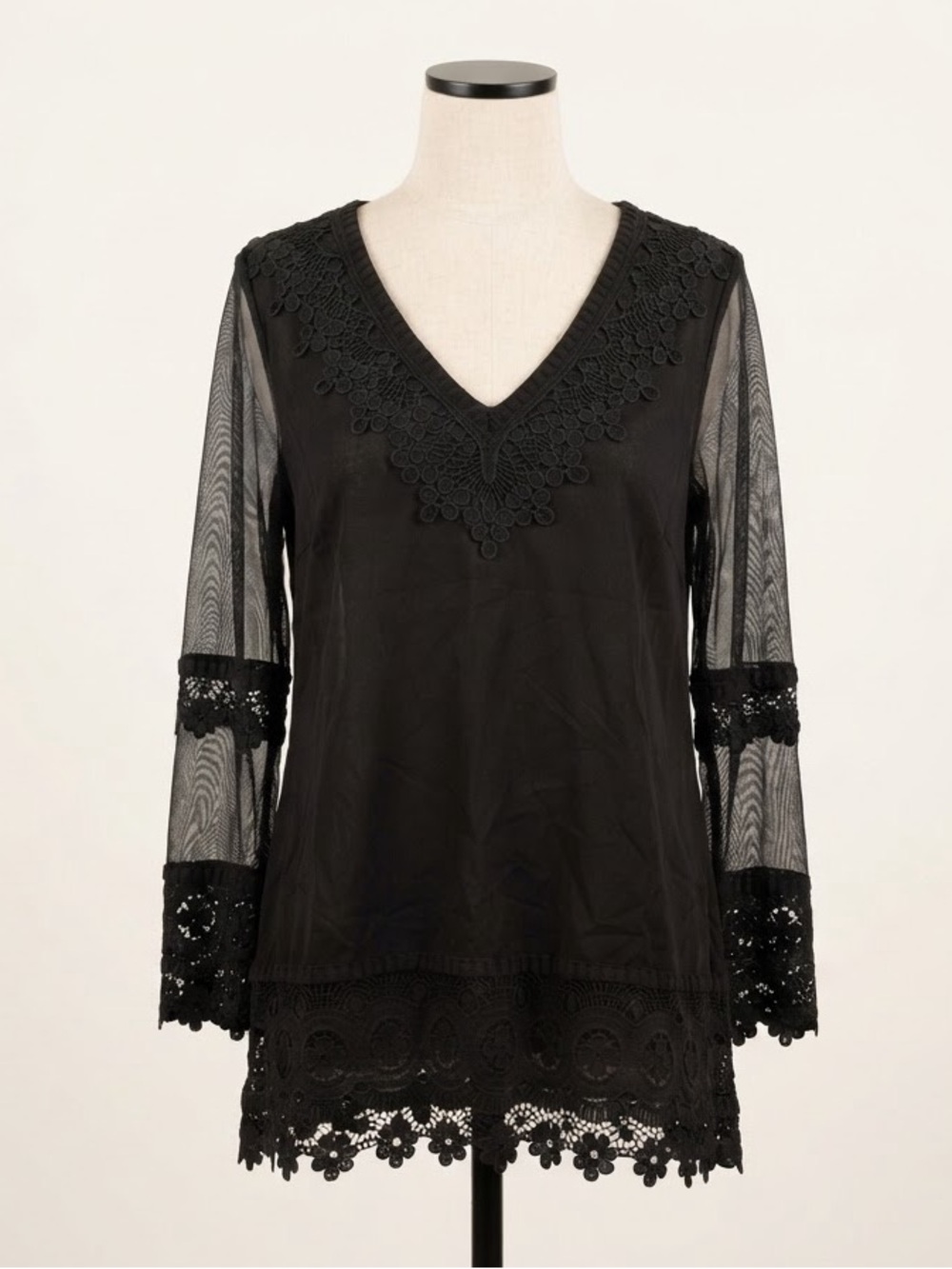 Alfani Black V-Neck Lace Tunic with Sheer Sleeves